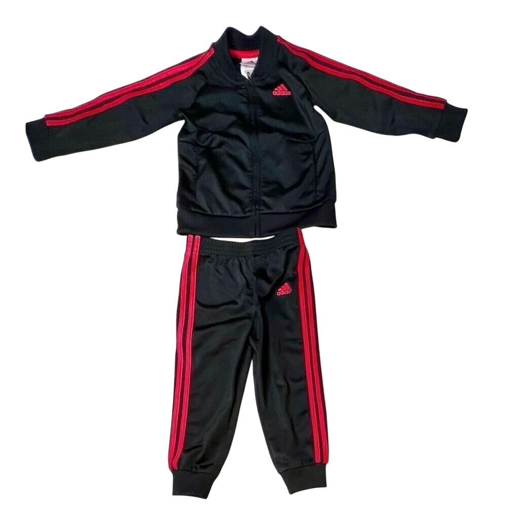 Adidas Black Red Side Stripe Track Suit Outfit 24 months Toddler Boy Sportswear
